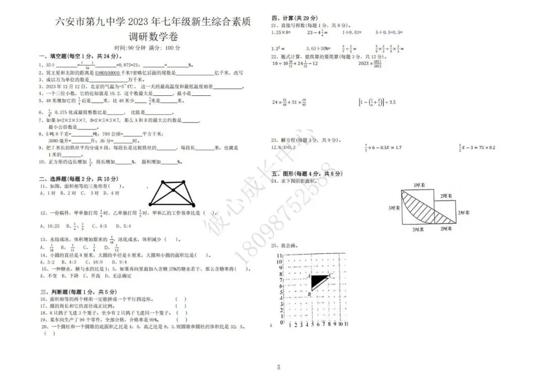 六安初中小升初往年真题卷(皋城、汇文、九中、裕安、轻工中学等)-第5张图片-四季读书网