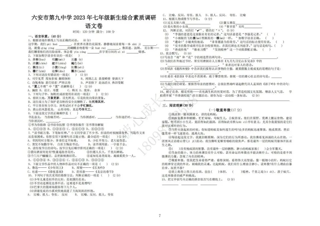 六安初中小升初往年真题卷(皋城、汇文、九中、裕安、轻工中学等)-第7张图片-四季读书网