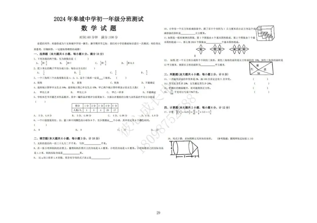 六安初中小升初往年真题卷(皋城、汇文、九中、裕安、轻工中学等)-第29张图片-四季读书网