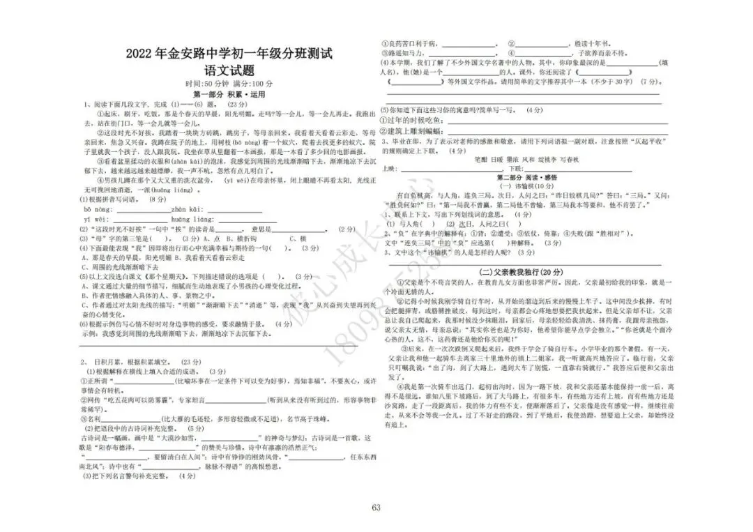 六安初中小升初往年真题卷(皋城、汇文、九中、裕安、轻工中学等)-第62张图片-四季读书网