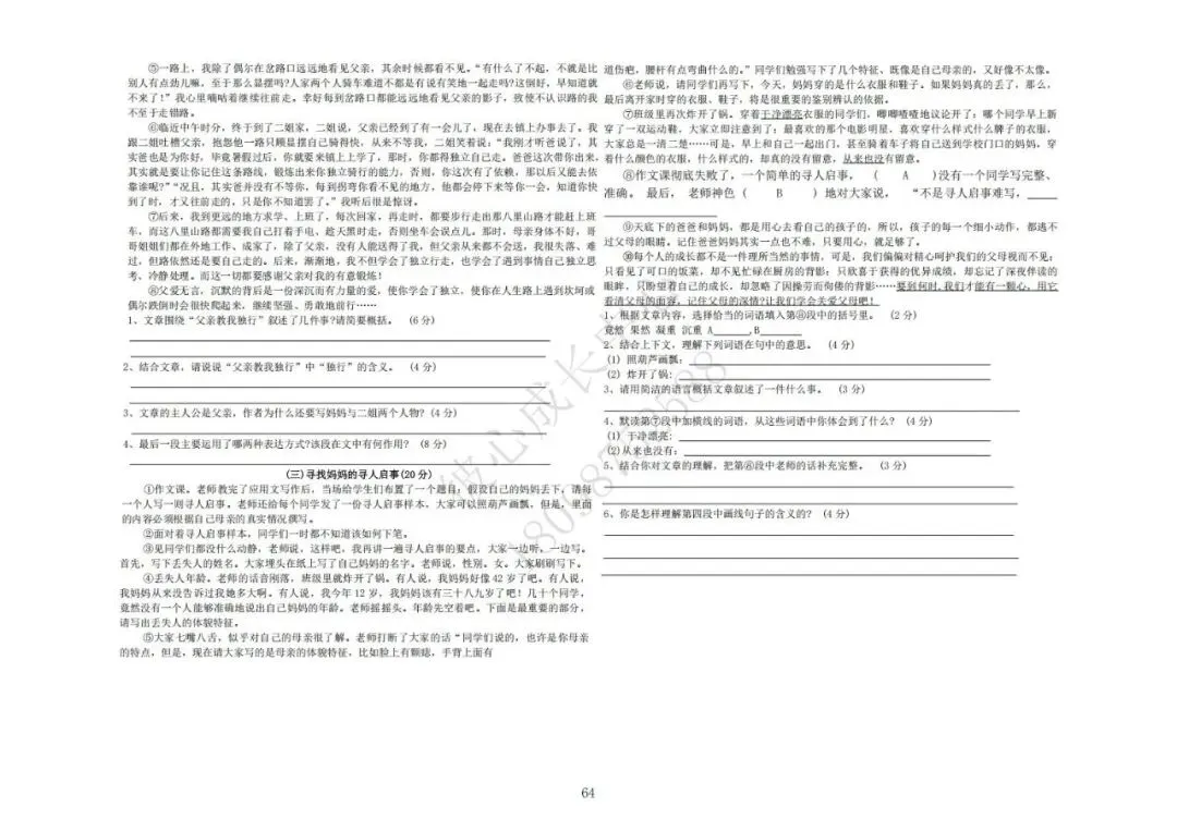 六安初中小升初往年真题卷(皋城、汇文、九中、裕安、轻工中学等)-第63张图片-四季读书网