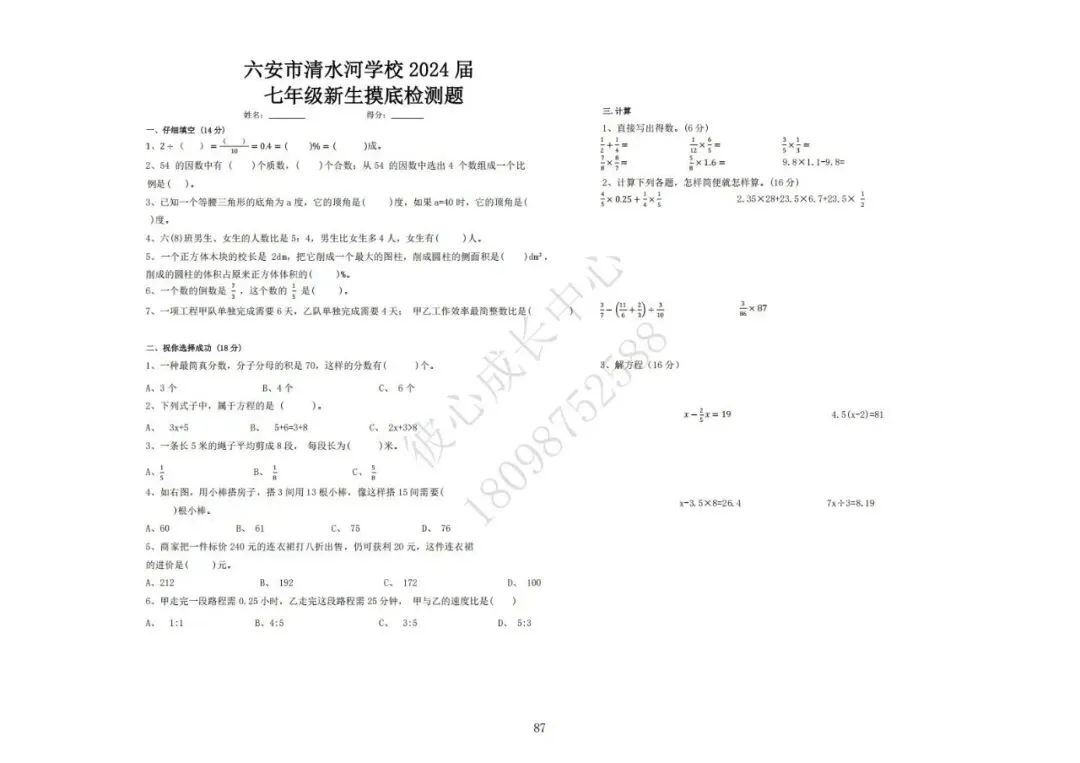六安初中小升初往年真题卷(皋城、汇文、九中、裕安、轻工中学等)-第86张图片-四季读书网