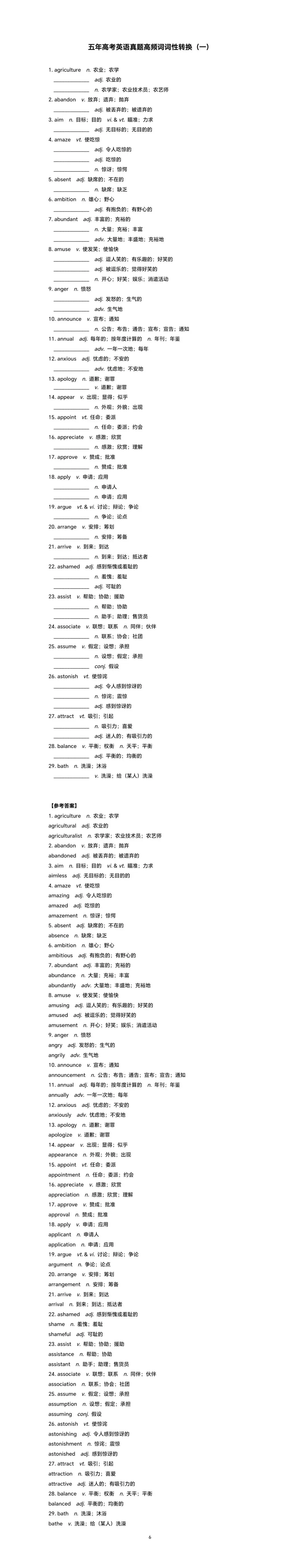 【高考真题】五年高考英语真题高频词词性转换一(含参考答案)-第1张图片-四季读书网