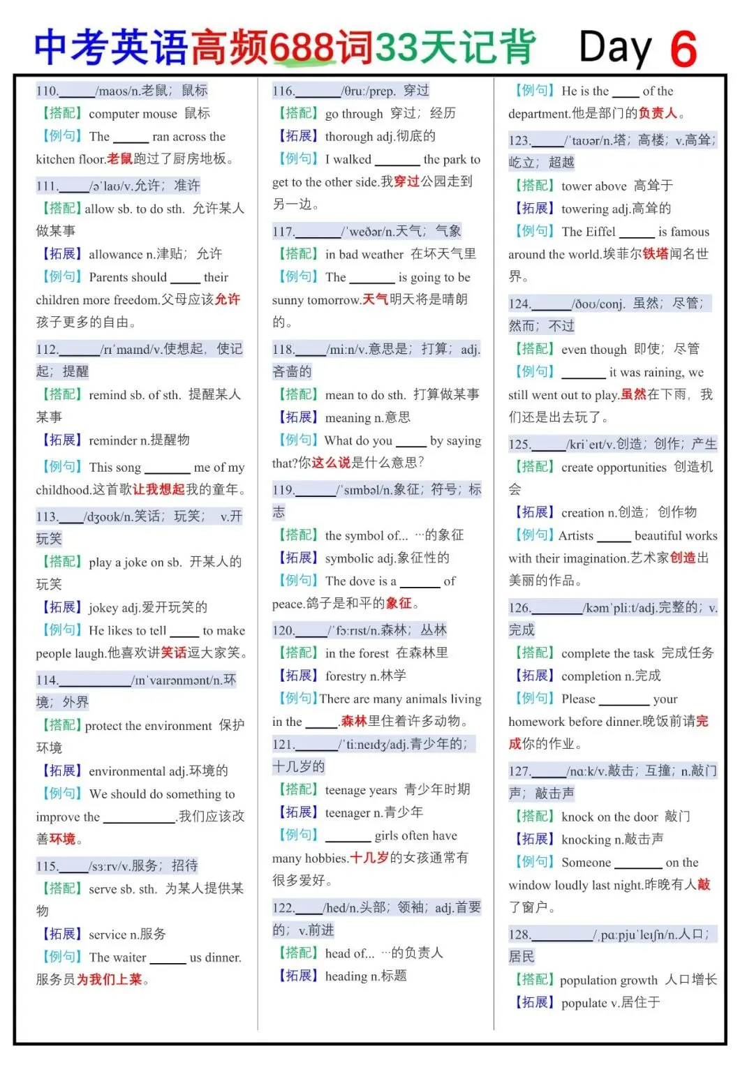 中考英语词汇神器!688高频词读背+默写单来啦!(完整电子版66页可下载可打印)-第19张图片-四季读书网 中考英语词汇神器!688高频词读背+默写单来啦!(完整电子版66页可下载可打印)-第19张图片-四季读书网
