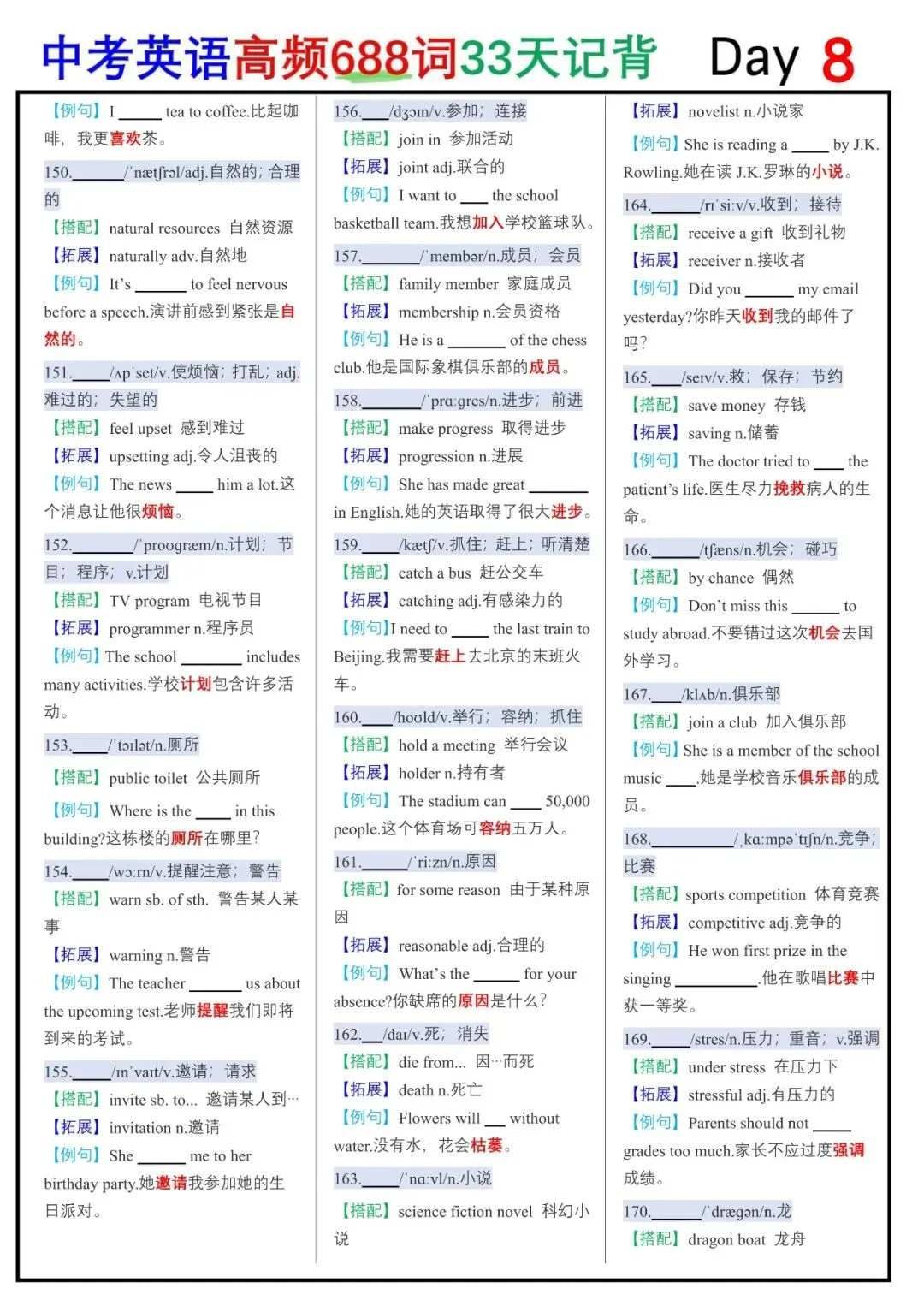 中考英语词汇神器!688高频词读背+默写单来啦!(完整电子版66页可下载可打印)-第21张图片-四季读书网 中考英语词汇神器!688高频词读背+默写单来啦!(完整电子版66页可下载可打印)-第21张图片-四季读书网
