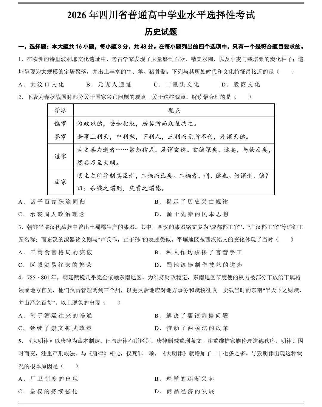 真题抢先看:2026年四川省高考历史真题-第1张图片-四季读书网