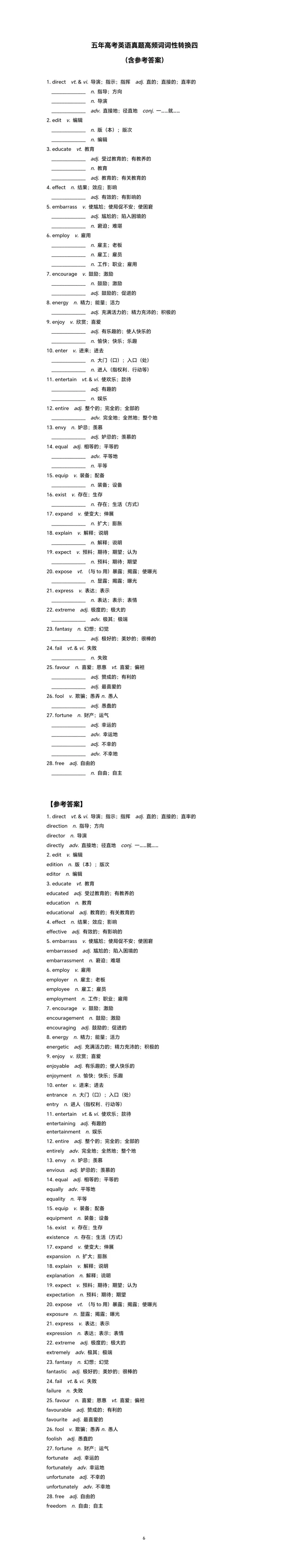 【高考真题】五年高考英语真题高频词词性转换四(含参考答案)-第1张图片-四季读书网