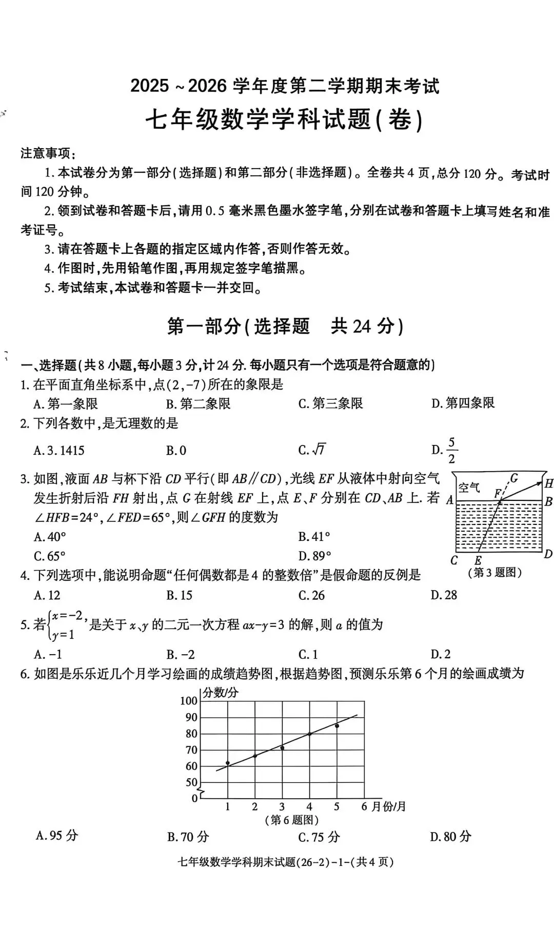 人教版七下数学期末真题试卷-第1张图片-四季读书网