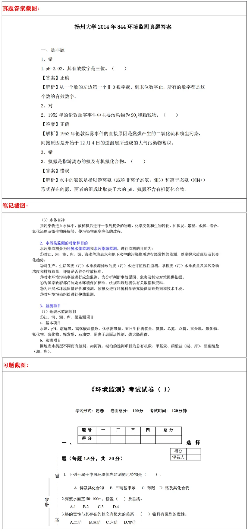 扬州大学2027考研真题资料 | 扬州大学环境科学与工程考研844环境监测真题答案笔记题库|持续更新中……-第26张图片-四季读书网