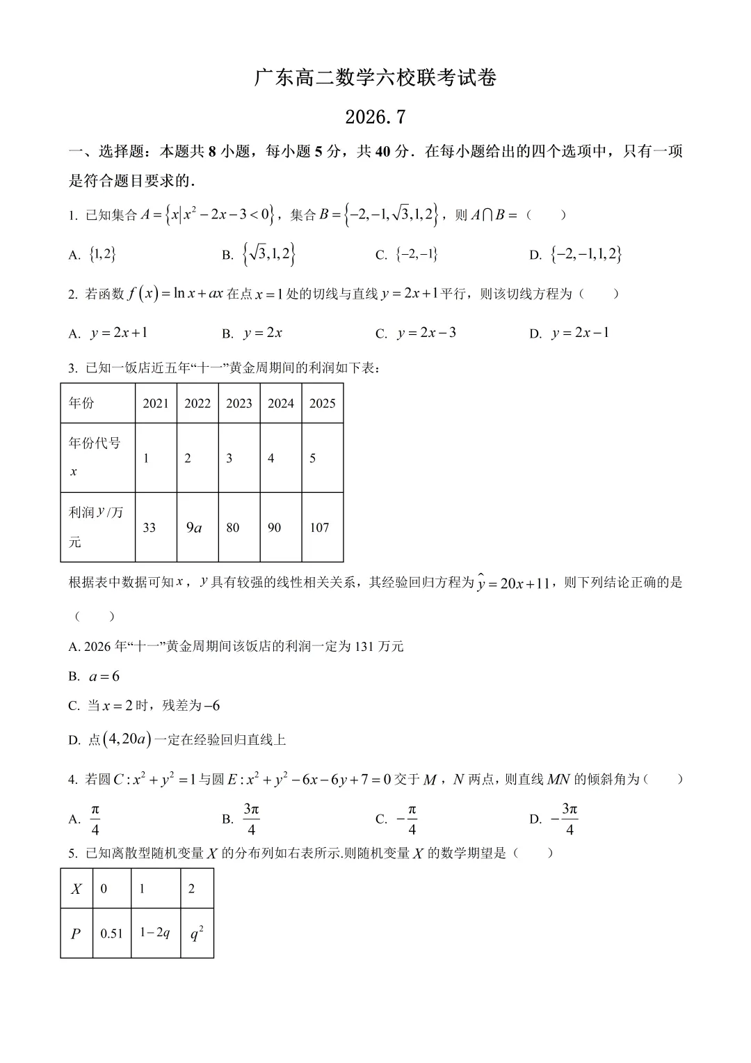 广东高二数学六校联考数学试卷及答案(2026.7)-第1张图片-四季读书网