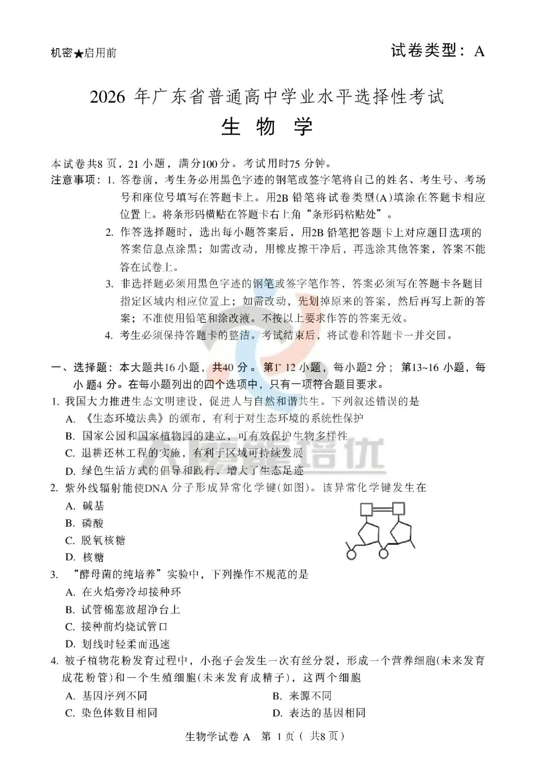 2026年广东高考生物试卷-第1张图片-四季读书网