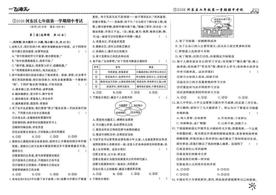 26秋一飞冲天 七上 道德与法治 部分试卷与全部答案-第11张图片-四季读书网