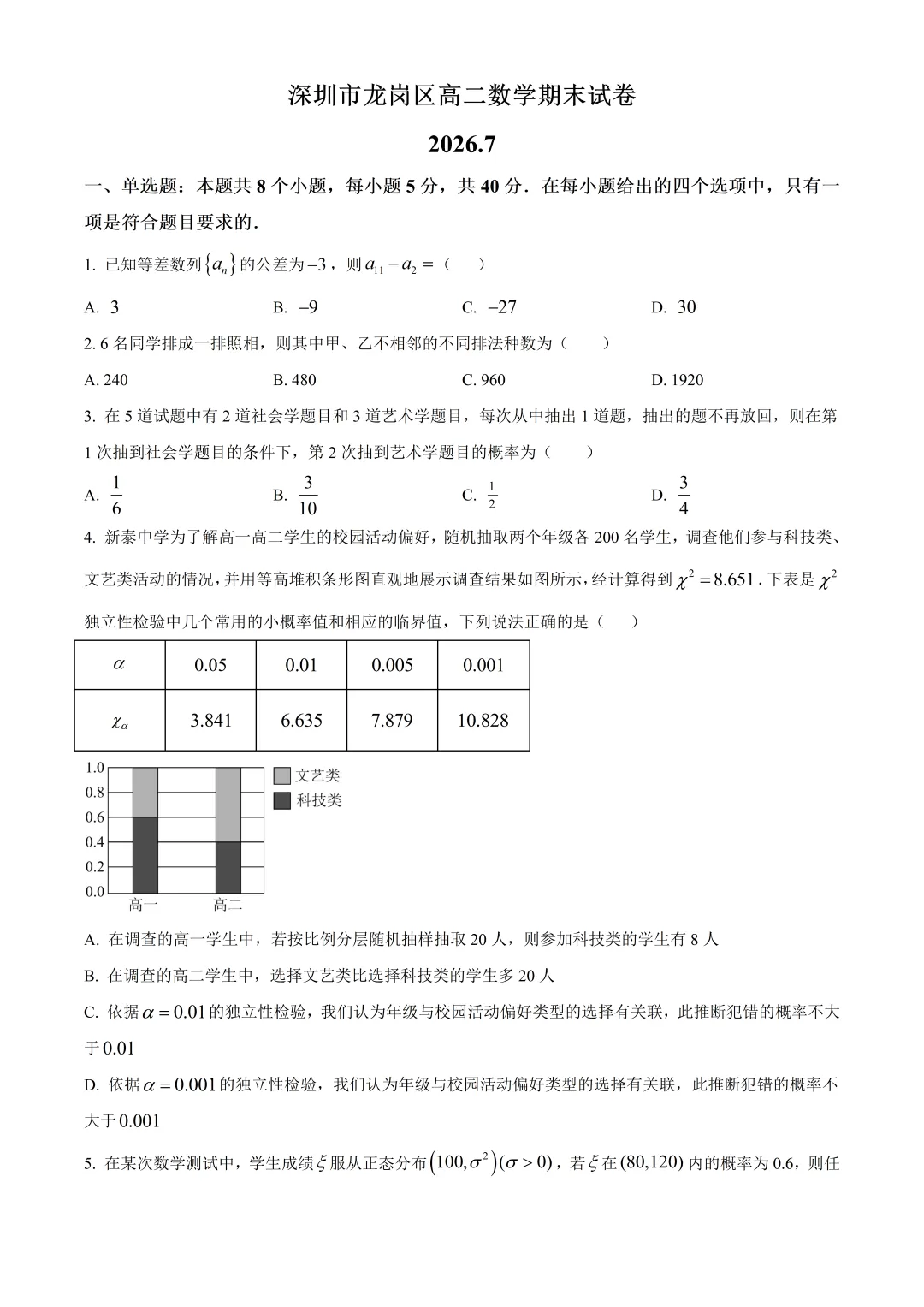 深圳市龙岗区高二数学期末试卷及答案(2026.7)-第1张图片-四季读书网