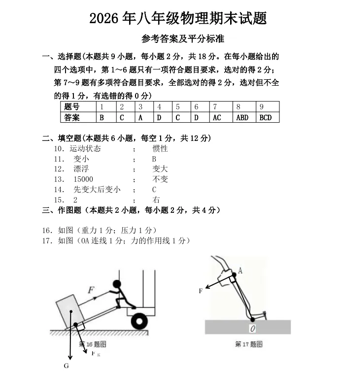 2026年7语文大连普兰店八年物理期末试卷+答案-第11张图片-四季读书网