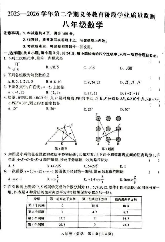 2026暑期期末试卷——八年级数学-第1张图片-四季读书网