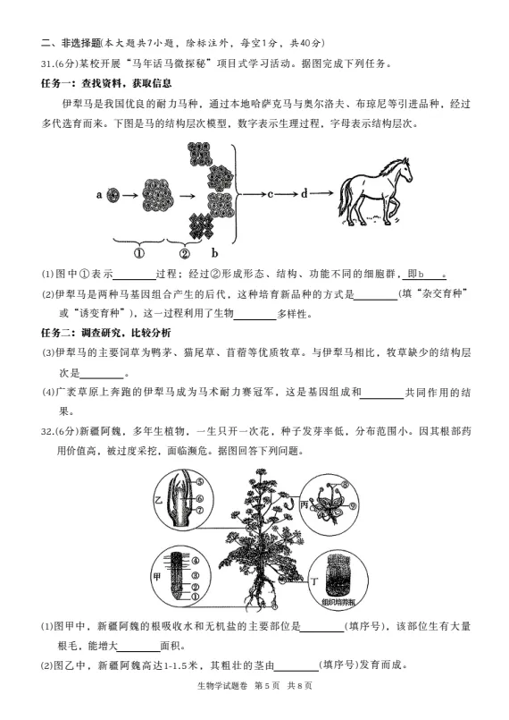 2026年生物学中考试卷:2026年新疆初中学业水平考试生物学试卷-第5张图片-四季读书网