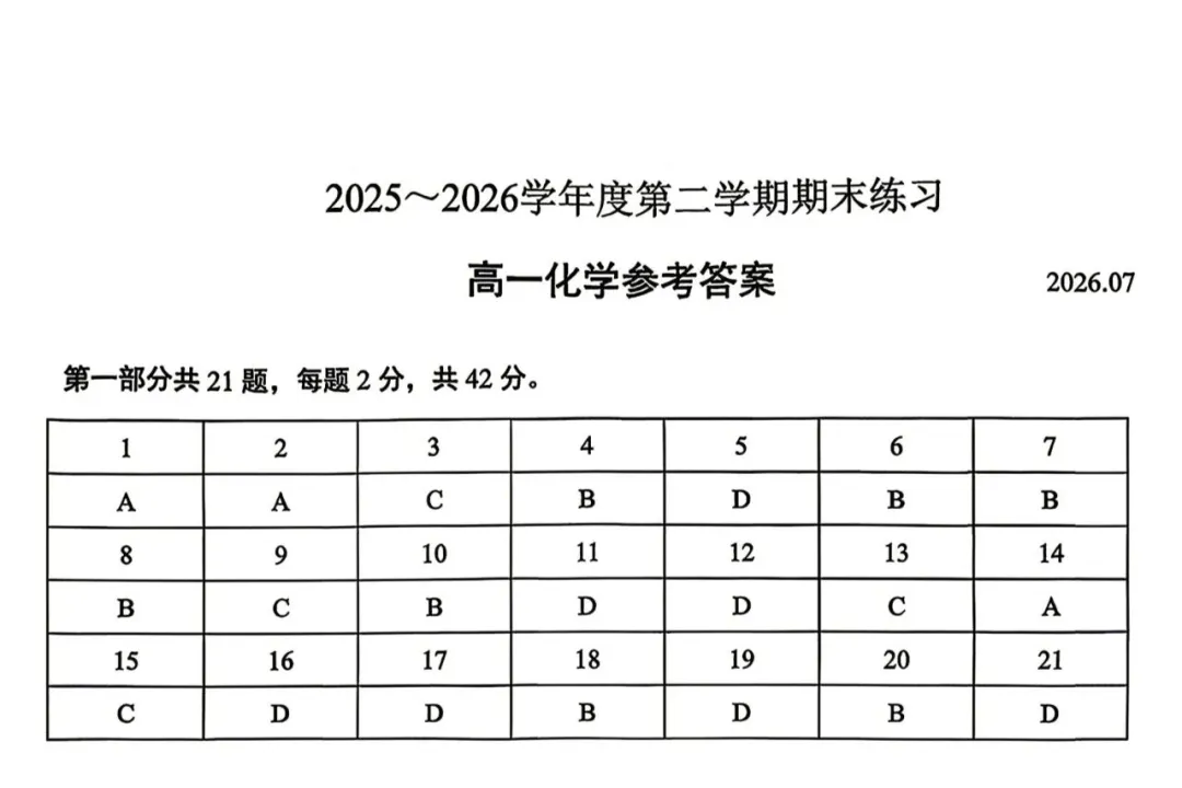 2026北京丰台高一(下)期末化学试卷(含答案)-第9张图片-四季读书网