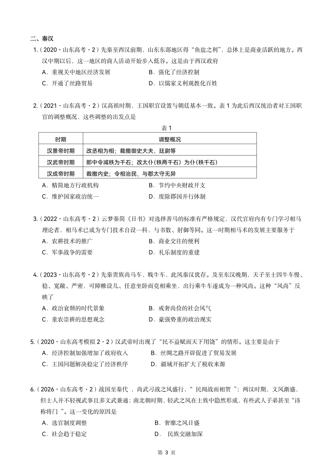 2020-2026年山东省高考真题历史时期汇编(中国古代史部分)-第3张图片-四季读书网