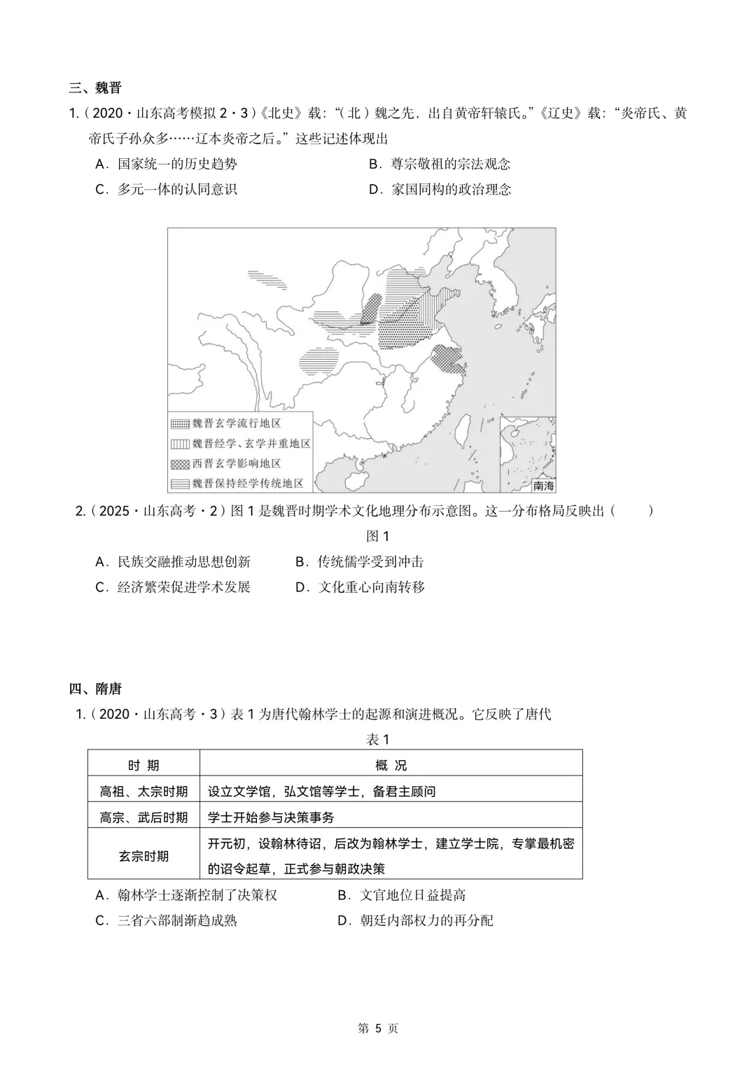 2020-2026年山东省高考真题历史时期汇编(中国古代史部分)-第5张图片-四季读书网