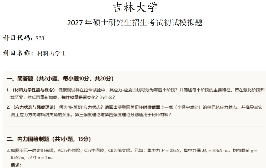 吉林大学828材料力学Ⅰ考研真题模拟-第1张图片-四季读书网 吉林大学828材料力学Ⅰ考研真题模拟-第1张图片-四季读书网