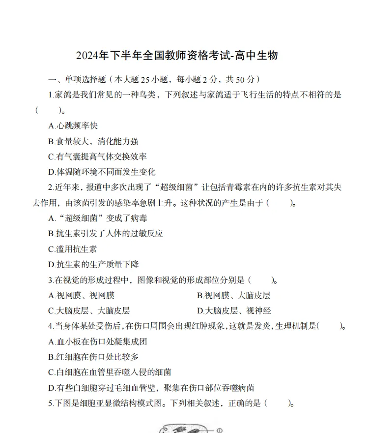 26下教资笔试高中生物科目三历年真题汇总含答案解析可打印-第7张图片-四季读书网 26下教资笔试高中生物科目三历年真题汇总含答案解析可打印-第7张图片-四季读书网