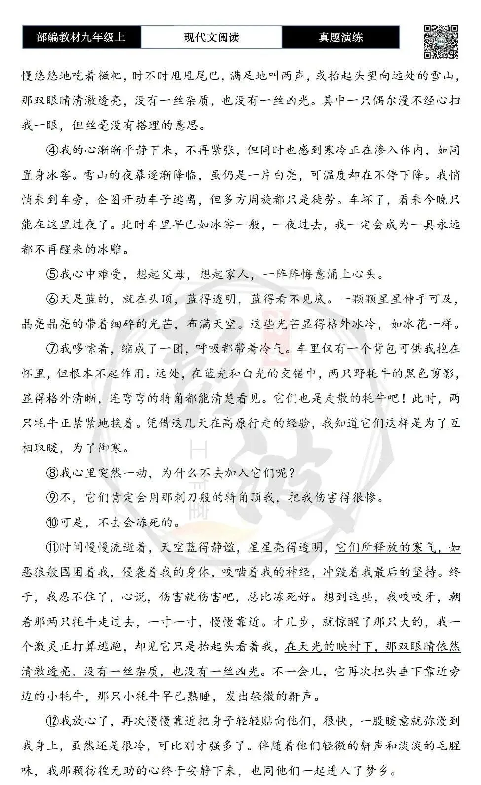 【现代文阅读-真题演练】九年级上-59-遇见野牦牛-思维导图+试题精析-第6张图片-四季读书网