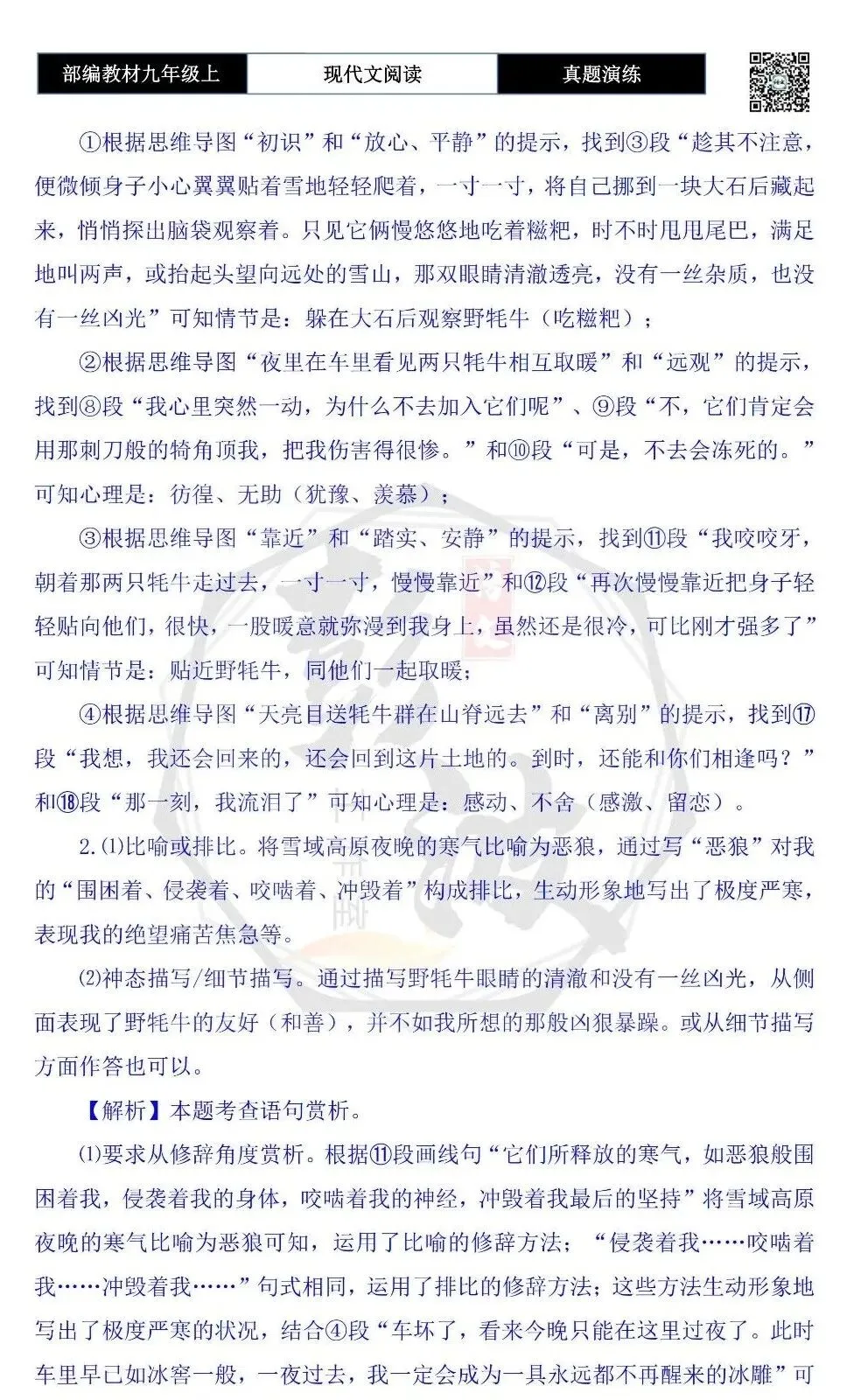 【现代文阅读-真题演练】九年级上-59-遇见野牦牛-思维导图+试题精析-第9张图片-四季读书网