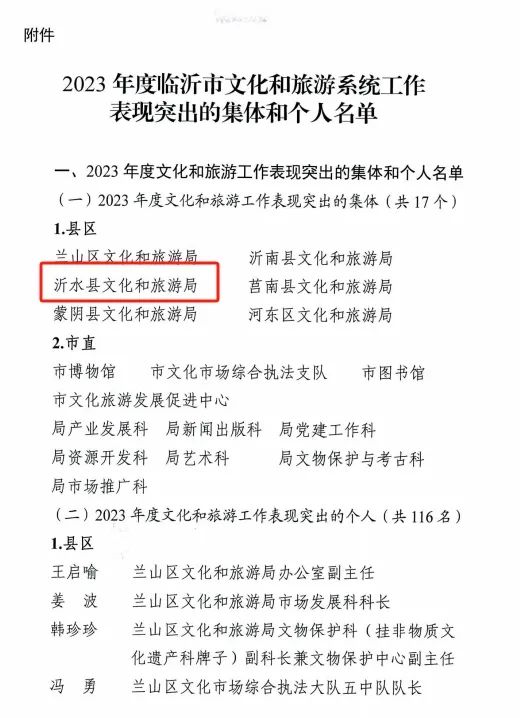 喜报:沂水县文化和旅游局荣获多项荣誉!