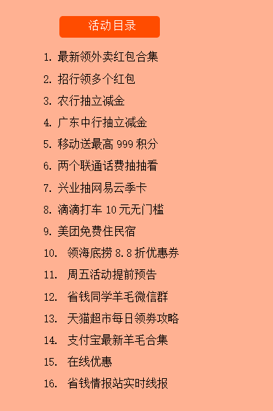 免费领海底捞8.8折券、美团免费住民宿、滴滴10元无门槛券、和包抽999积分、联通抽话费