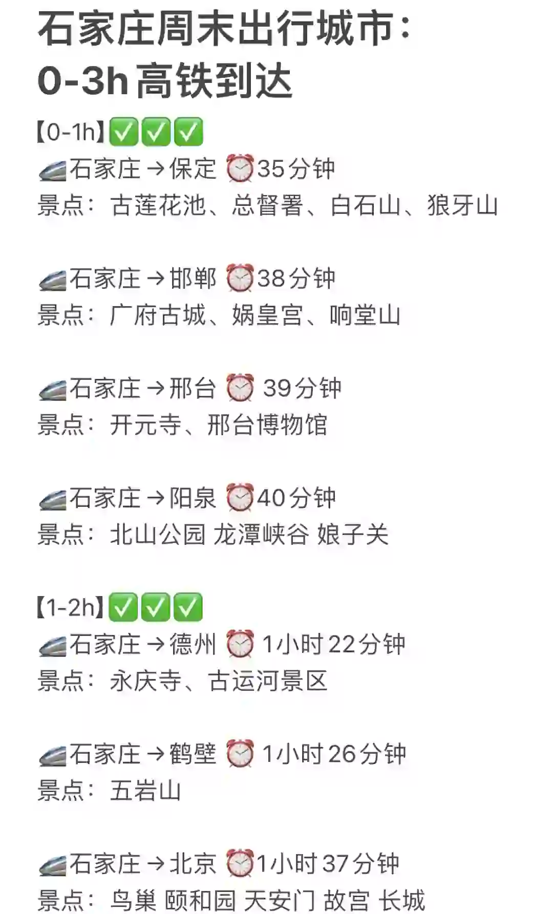 ✅收合石家庄周末出游城市:0-3h高铁