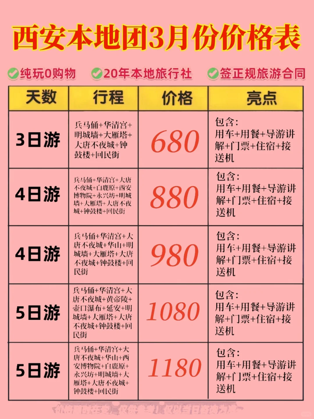 西安旅游4天3晚攻略路线 3天2晚680/人4天3晚