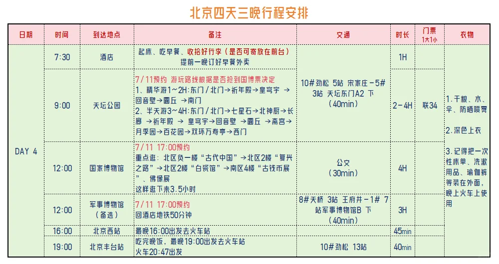 北京四天三晚行程安排