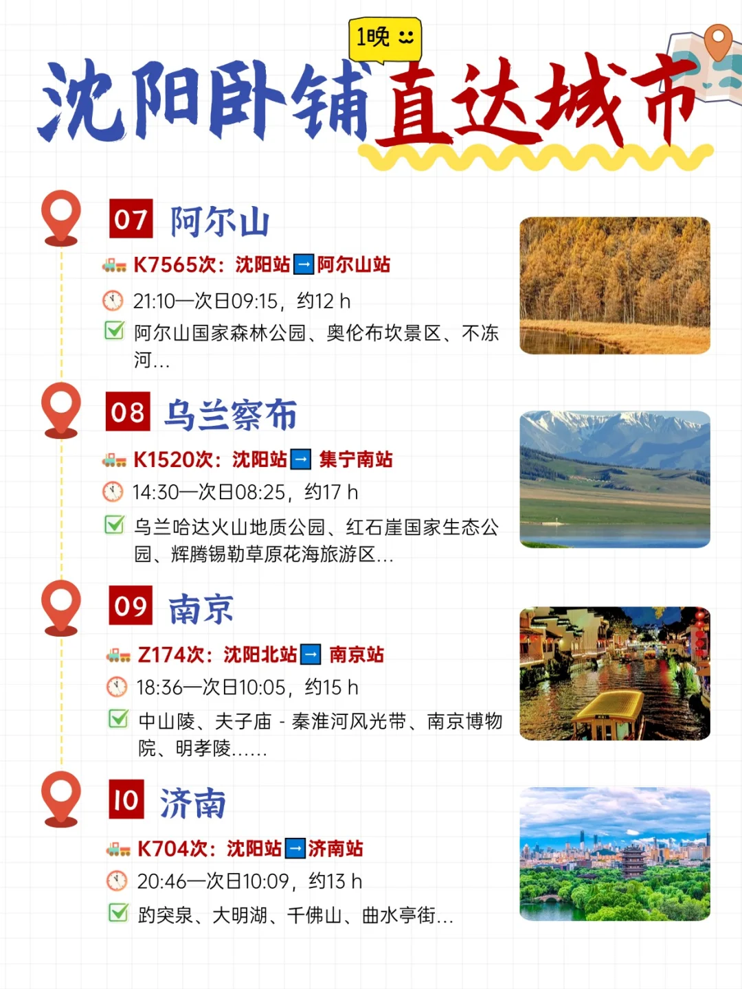 沈阳出发｜卧铺1️⃣晚直达的🔟个城市🚞收藏