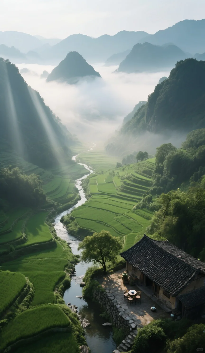 溪流转角处，石基青瓦的农家院落