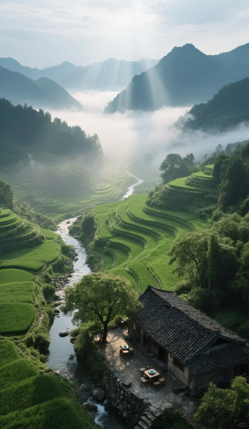 溪流转角处，石基青瓦的农家院落