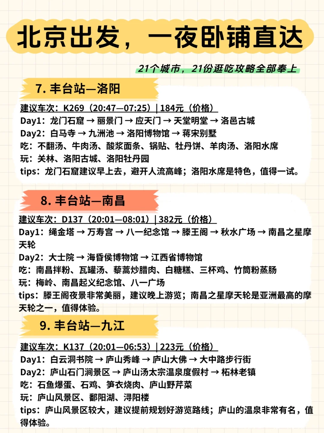 🚄北京出发，一夜卧铺直达的21城市攻略奉