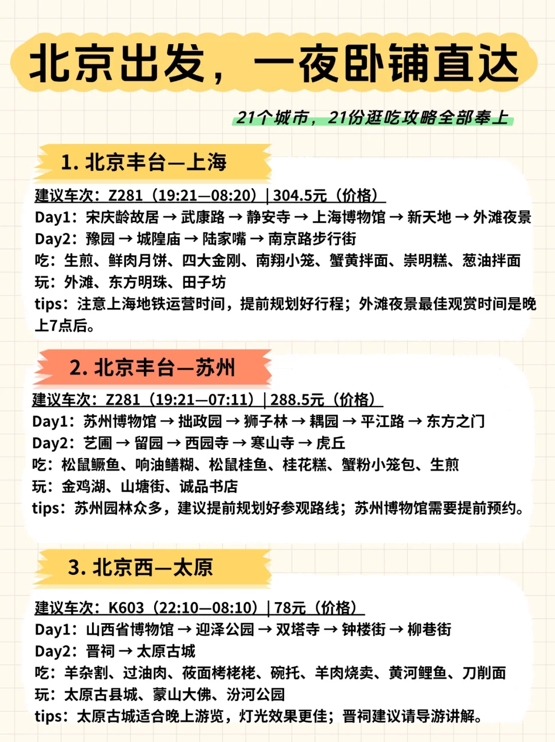 🚄北京出发，一夜卧铺直达的21城市攻略奉