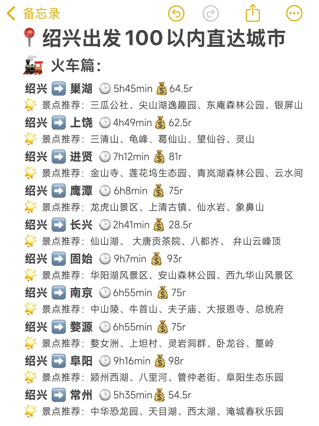 绍兴出发📍100以内直达城市（敲全版）