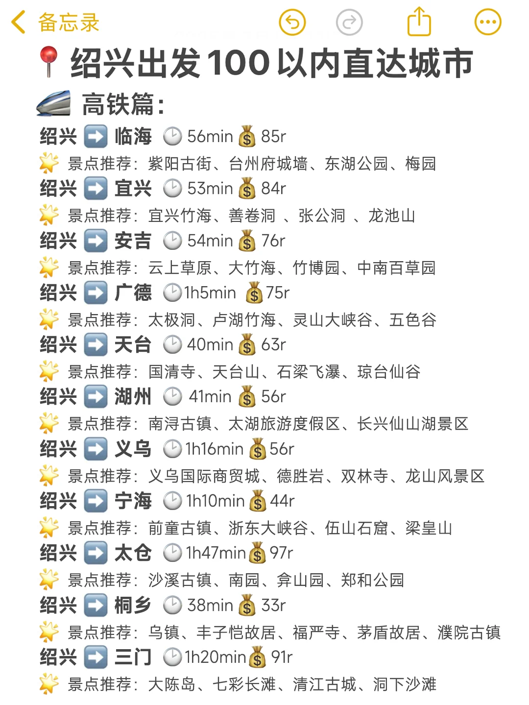 绍兴出发📍100以内直达城市（敲全版）
