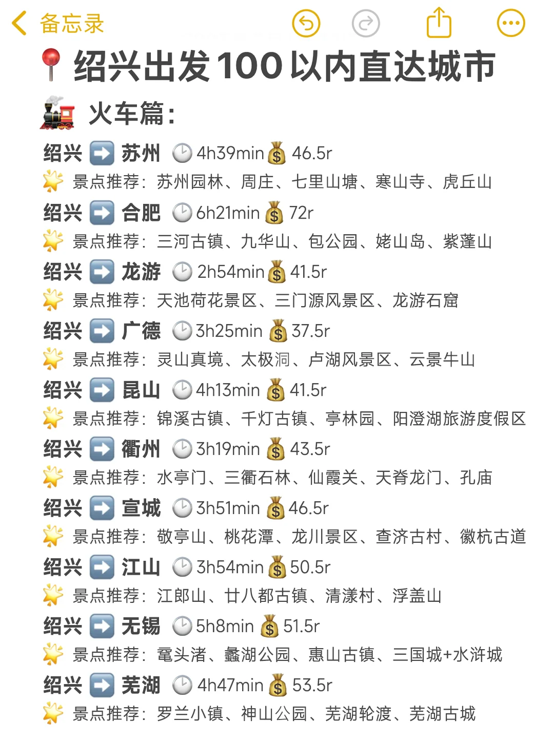 绍兴出发📍100以内直达城市（敲全版）