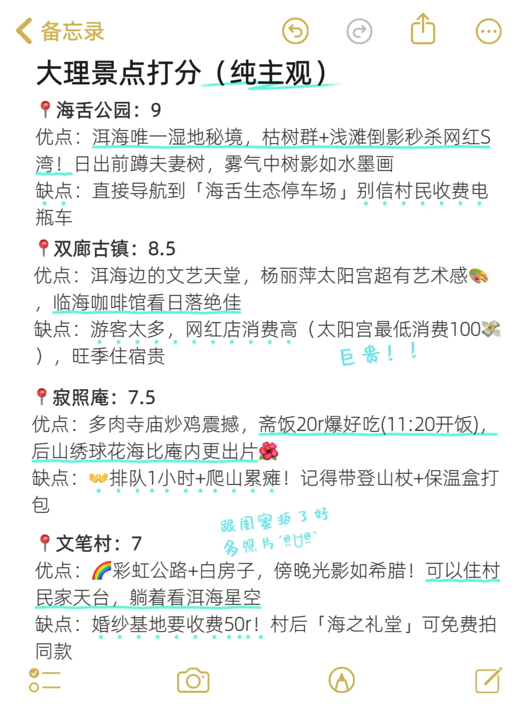 大理已回，景点打分（仅个人想法❗）