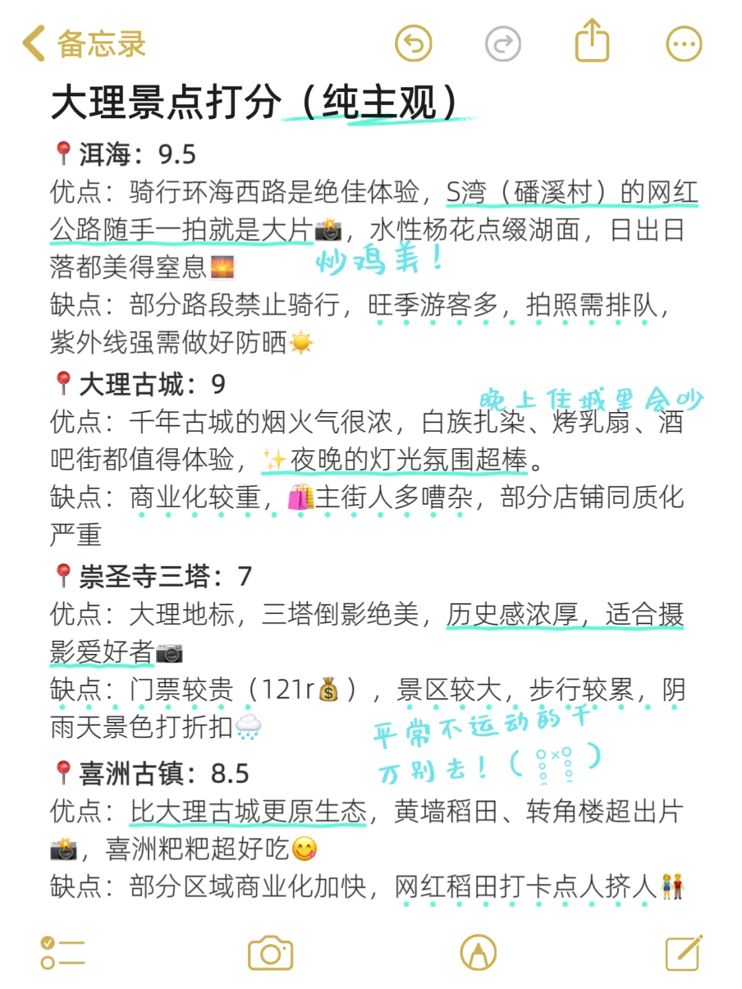 大理已回，景点打分（仅个人想法❗）