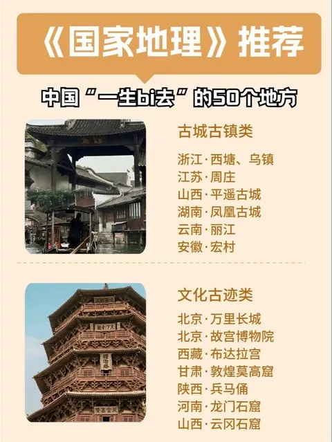 《国家地理》推荐国内50个必去旅游胜地