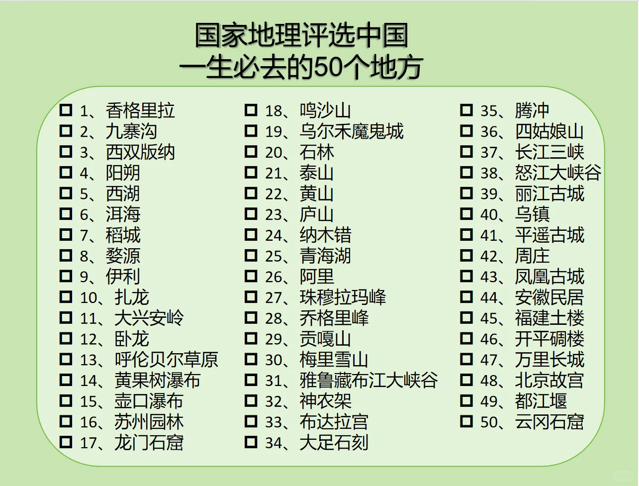 中国最值得去的50个景点