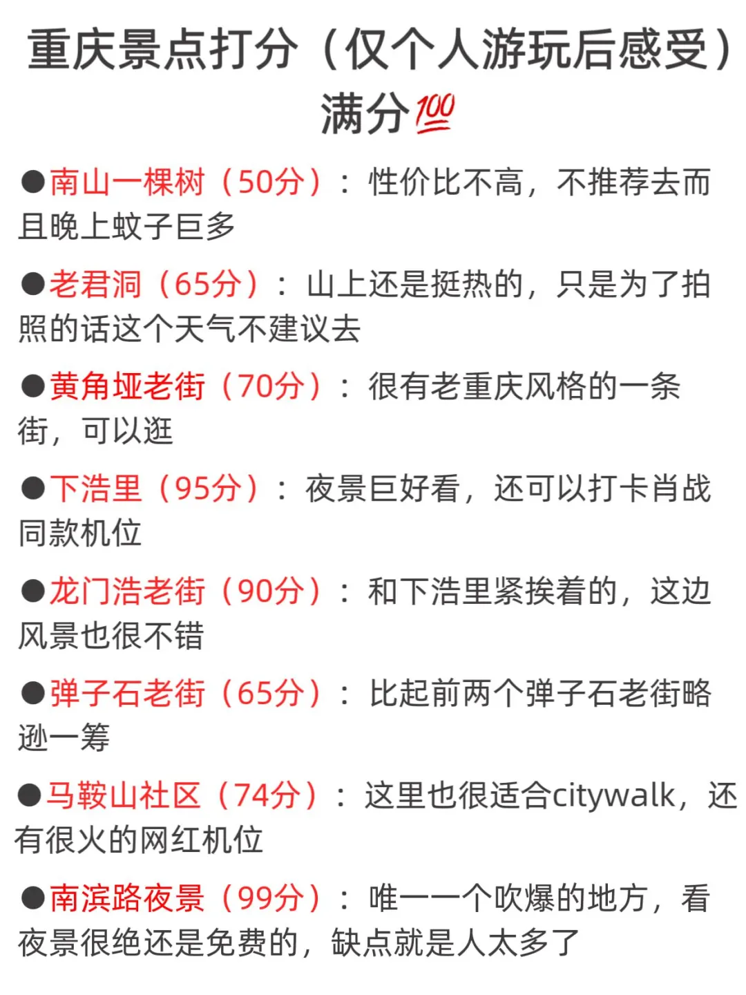 重庆景点打分（游客版，仅个人感受）