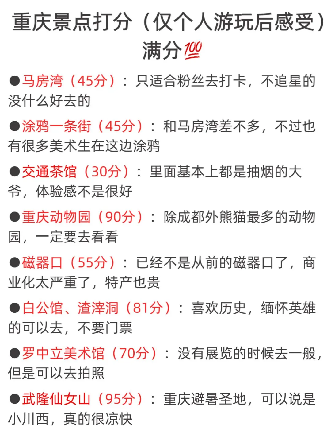 重庆景点打分（游客版，仅个人感受）