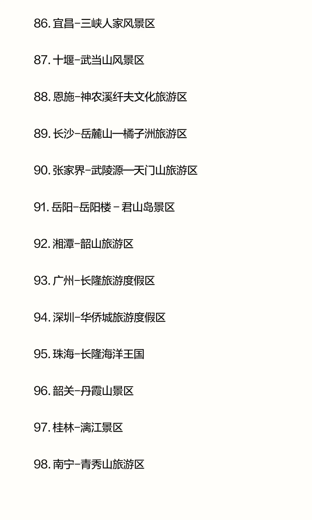 全国100个优质5A级旅游景区