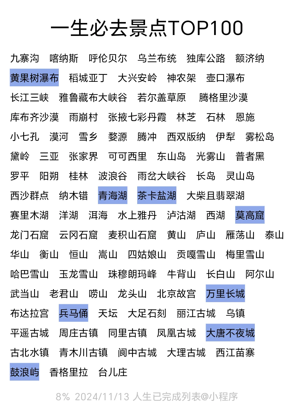 国内人生必去100景点，都去过哪些？