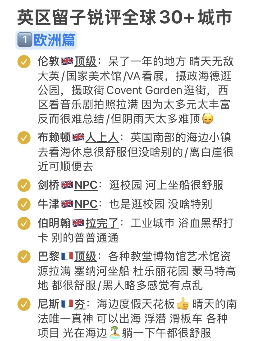 英区留子纯主观锐评全球30+城市旅游体验🌍