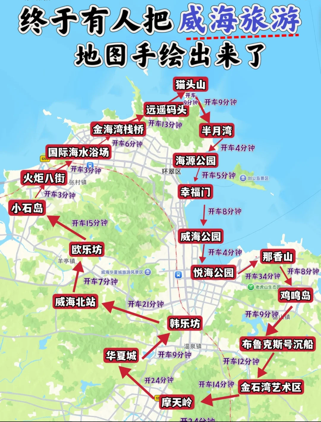 终于有人把威海旅游地图手绘出来了💗